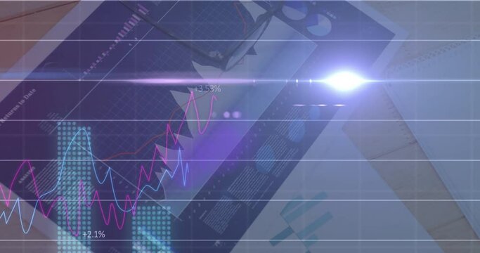 Animation of financial data processing over hand taking notes