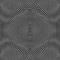 Fototapeta premium Abstract pattern of wavy stripes or rippled 3D relief black and white lines background. Vector twisted curved stripe modern trendy.Abstract dynamical rippled texture, 3D visual effect, illusion.