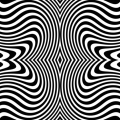 Abstract pattern of wavy stripes or rippled 3D relief black and white lines background. Vector twisted curved stripe modern trendy.Abstract dynamical rippled texture, 3D visual effect, illusion.