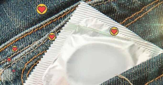 Animation of heart icons over condom in denim trousers