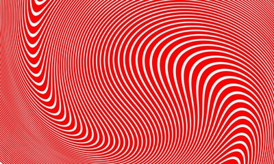  Abstract pattern of wavy stripes or rippled 3D relief Red and white lines background. Vector twisted curved stripe modern trendy.3D visual effect, illusion of movement, curvature. Pop art design.