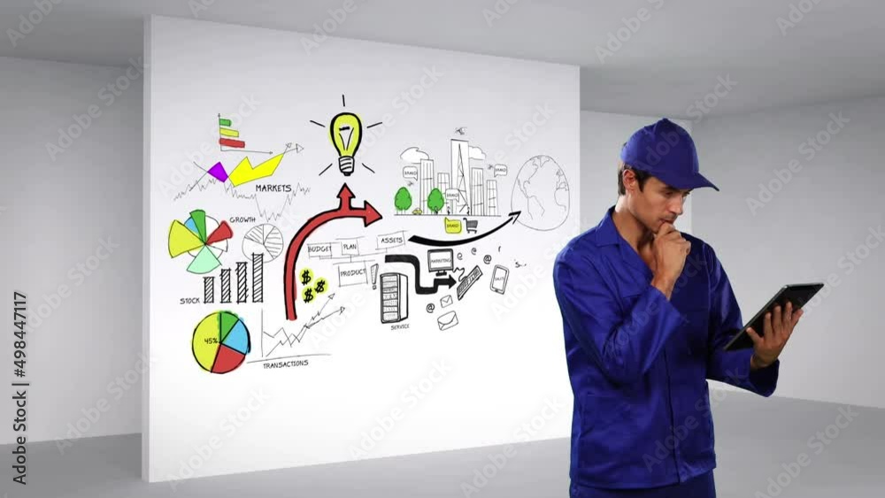 Poster animation of caucasian delivery man using tablet over data processing and icons