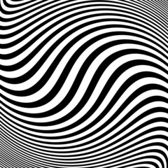 Abstract pattern of wavy stripes or rippled 3D relief black and white lines background. Vector twisted curved stripe modern trendy.3D visual effect, illusion of movement, curvature. Pop art design.	
