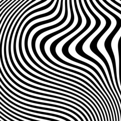Abstract pattern of wavy stripes or rippled 3D relief black and white lines background. Vector twisted curved stripe modern trendy.3D visual effect, illusion of movement, curvature. Pop art design.	
