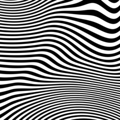 Abstract pattern of wavy stripes or rippled 3D relief black and white lines background. Vector twisted curved stripe modern trendy.3D visual effect, illusion of movement, curvature. Pop art design.	
