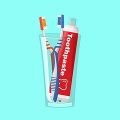 Tools for brushing teeth. Oral care and hygiene products. Toothbrush, toothpaste. Brushing your teeth. Vector illustration in a flat style.