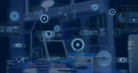 Animation of data processing over empty office - Powered by Adobe