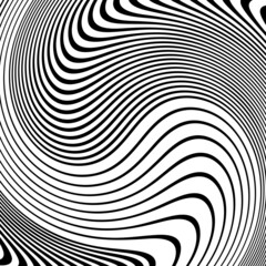 Abstract pattern of wavy stripes or rippled 3D relief black and white lines background. Vector twisted curved stripe modern trendy.3D visual effect, illusion of movement, curvature. Pop art design.