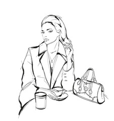 trendy girl drinking coffee and looking up