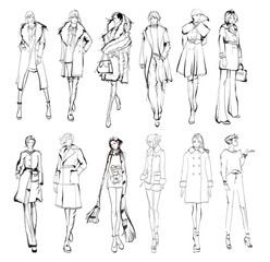 Set of young beautiful women in stylish clothes. Sale concept. Hand-drawn fashion illustration. Fashion sketch.
