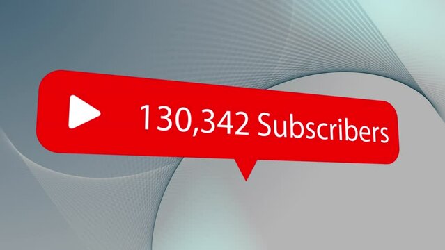 Animation of red social media subscribers notification over pale grey striped background