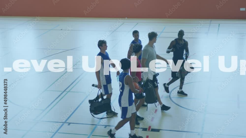 Poster Animation of level up texts over diverse group of male basketball players at gym