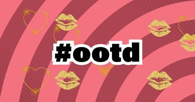Animation of ootd text over lips and heart icons on red background