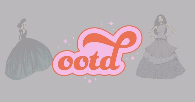 Animation of ootd text over female models in dresses on grey background