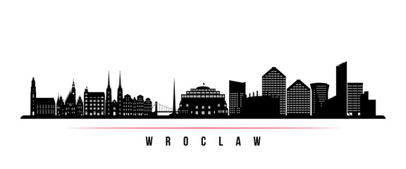 Naklejka premium Wroclaw skyline horizontal banner. Black and white silhouette of Wroclaw, Poland. Vector template for your design.