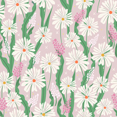Daisy seamless pattern with hand painted flowers. Floral hand drawn vector background. Perfect for creating fabrics, textiles, wrapping paper, packaging. - 498448507