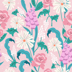 Daisy and peony seamless pattern with hand painted flowers. Floral hand drawn vector background. Perfect for creating fabrics, textiles, wrapping paper, packaging.