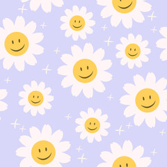 70’s cute seamless smiling daisy pattern with  flowers. Floral hippie funky vector background. Perfect for creating fabrics, textiles, wrapping paper, packaging. - 498448540
