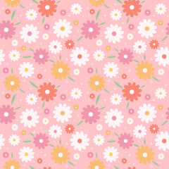 70’s cute seamless repeat daisy pattern with flowers. Floral hippie vector background. Perfect for creating fabrics, textiles, wrapping paper, packaging.