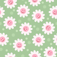 Fototapeta na wymiar 70’s cute seamless smiling daisy repeat pattern with flowers. Floral hippie pastel vector background. Perfect for creating fabrics, textiles, wrapping paper, packaging.