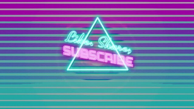 Animation of subscribe neon text over moving circles and triangle