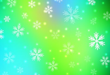 Light Blue, Green vector pattern with christmas snowflakes, stars.