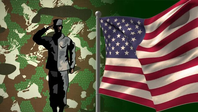 Animation of american flag over soldier saluting and camouflage background