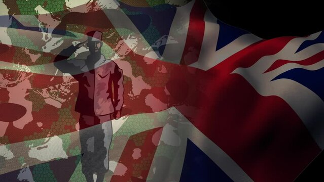 Animation of british flag and soldier saluting over camouflage background