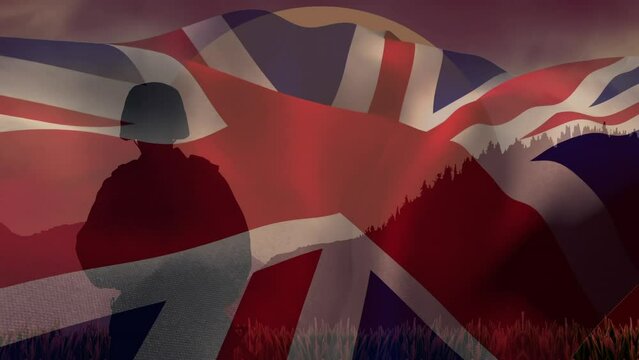Animation of british flag and soldier over landscape