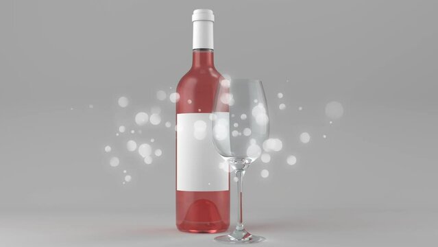 Animation of white dots over bottle of rose wine on grey background