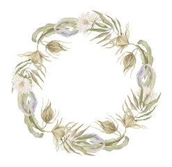 Watercolor round wreath of tropical leaves and flowers