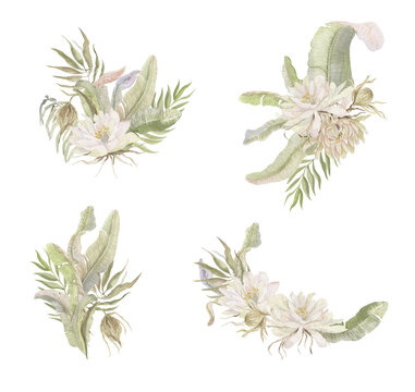Watercolor illustrations of bouquets of tropical palm leaves, flowers