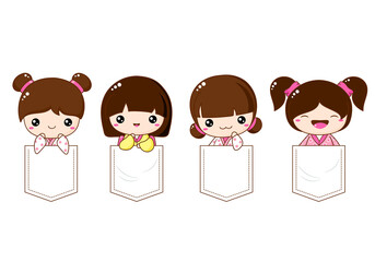 Cute kawaii little girls in pocket set. Baby collection of Japanese traditional toy kokeshi doll in pockets. Childish print with funny characters for t-shirt design. Vector illustration EPS8