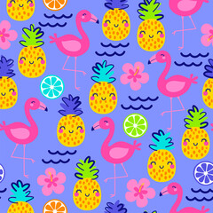 Cute colorful cartoon pineapple, flamingo, hibiscus and citrus fruit seamless pattern for summer holidays background.