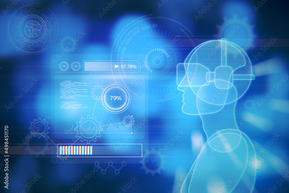 Poster Abstract blue guy or robot outline with VR glasses on blurry bokeh wallpaper with charts and various icons. Virtual reality and metaverse concept. 3D Rendering.