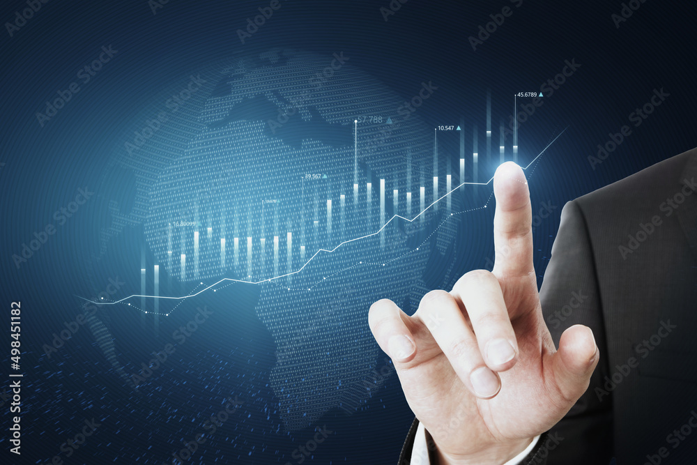 Poster close up of businessman hand pointing at abstract glowing business chart with globe hologram on blur