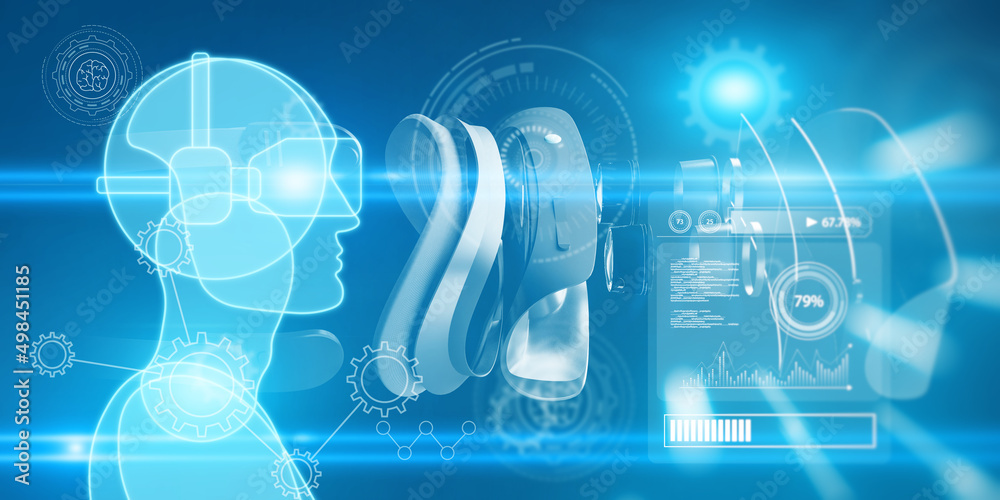 Aufkleber Abstract blue guy or robot outline with VR glasses on blurry bokeh backdrop with charts and various icons. Virtual reality, future and metaverse concept. 3D Rendering.