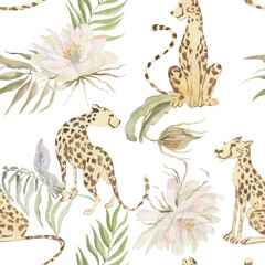 Fototapeta premium Watercolor seamless pattern of tropical leaves and flowers, cheetah