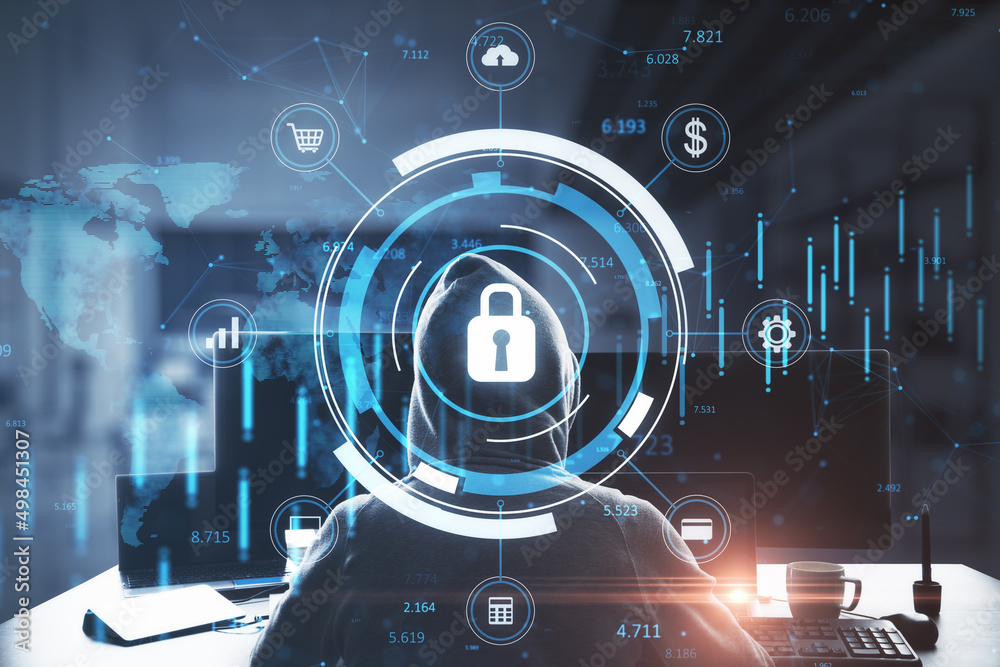 Poster Back view of hacker at desktop using computers with glowing blue padlock hologram with forex chart and map on blurry office interior background, Secure, hacking and online theft concept. 