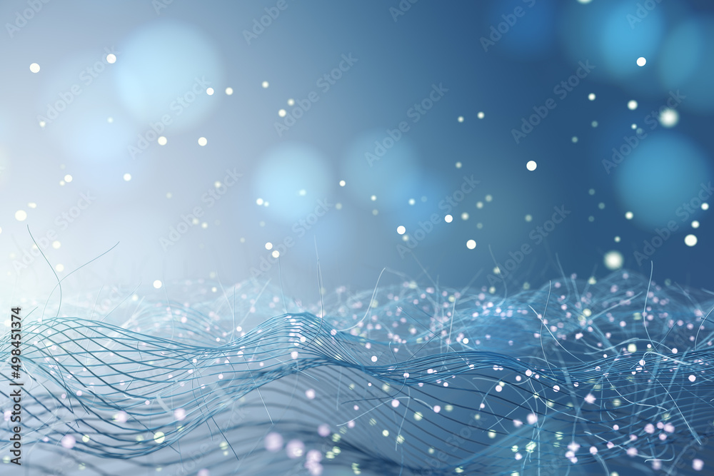 Poster creative blue wire mesh on bokeh background. bg and design concept. 3d rendering.