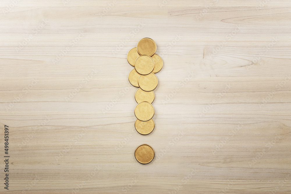 Poster abstract creative golden coin exclamation mark on wooden surface background with mock up place. mone