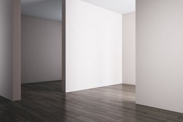 Modern concrete gallery interior with wooden flooring and blank mock up place on wall. Museum and exhibition hall concept. 3D Rendering.