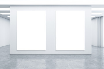 Modern gallery interior with blank white mock up posters. 3D Rendering.