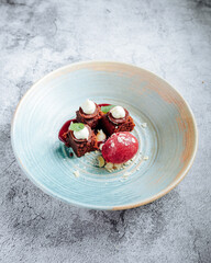 Brownie with raspberry sorbet