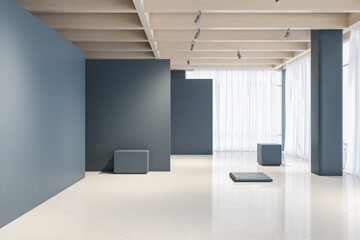 Empty modern interior design presentation hall with blank grey walls and stages on glossy marble floor with space in the foreground. Art concept. 3D rendering, mockup