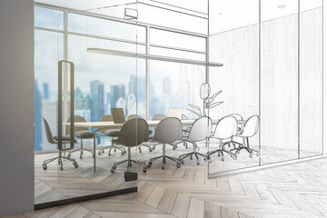 Hand drawn sketch of luxury concrete and wooden, glass conference room interior with window and blurry city view, furniture and equipment. Design and refurbishment concept. 3D Rendering.