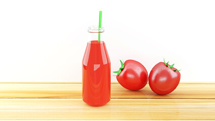3D Red tomato juice in glass bottle with green straw and fresh red ripe tomato fruits with green leaves organic vegetarian raw food with dew drops on wood table white background