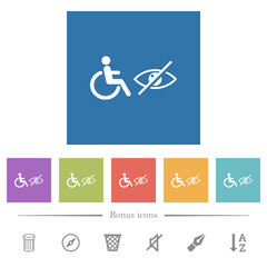 Wheelchair and visually impaired symbols flat white icons in square backgrounds