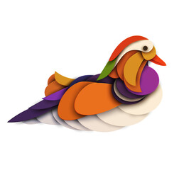 Abstract mandarin duck isolated on white background. Creative 3d concept in cartoon craft paper cut style. Colorful minimal design character. Modern geometric vector illustration.