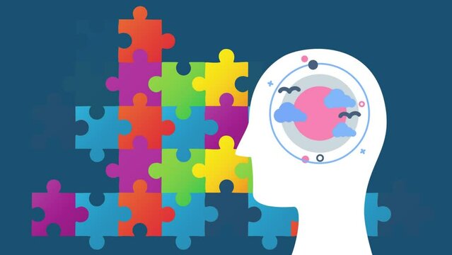 Animation of human profile with birds and clouds over colorful puzzles on navy background